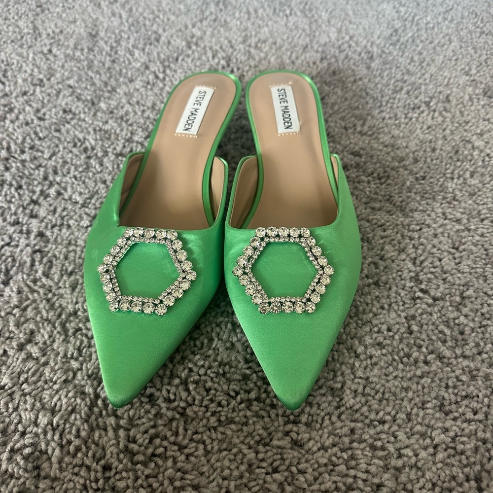 Steve Madden Kees rhinestone embellished kitten heel mule in green satin